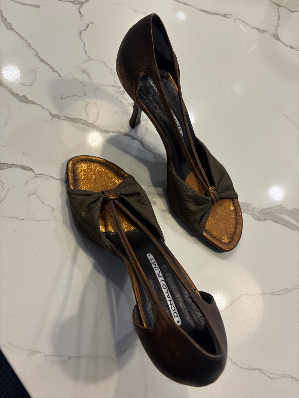 Donald J. Pliner Olive and Bronze Knot Front Peep-Toe Heels